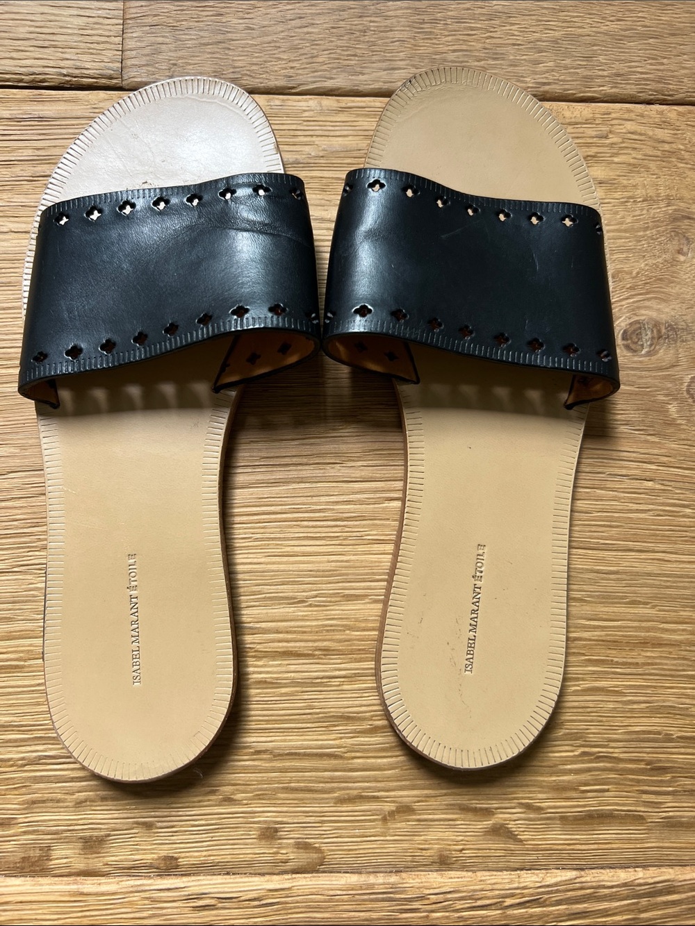 Isabel Marant Black Leather Slide Sandals with Tan Footbed